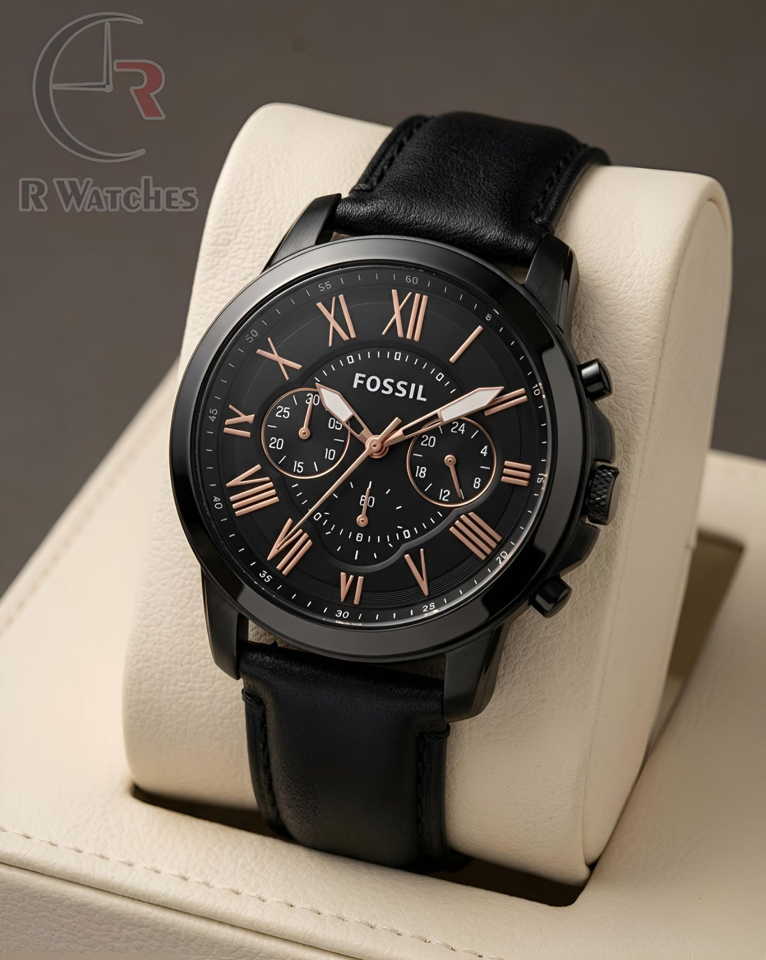 (OS2)⭐ Fossil leather black rose gold dial