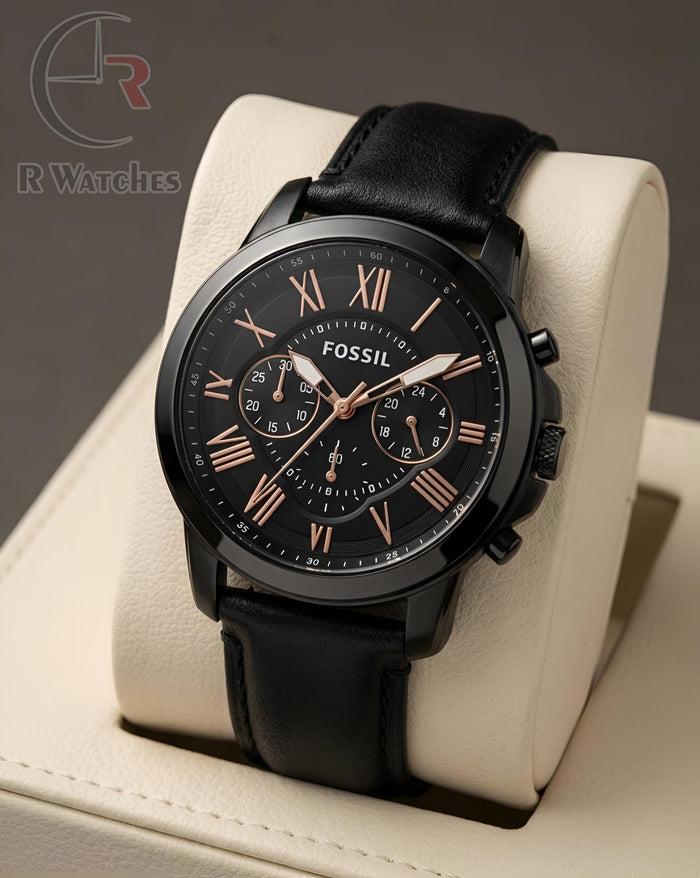 (OS2)⭐ Fossil leather black rose gold dial