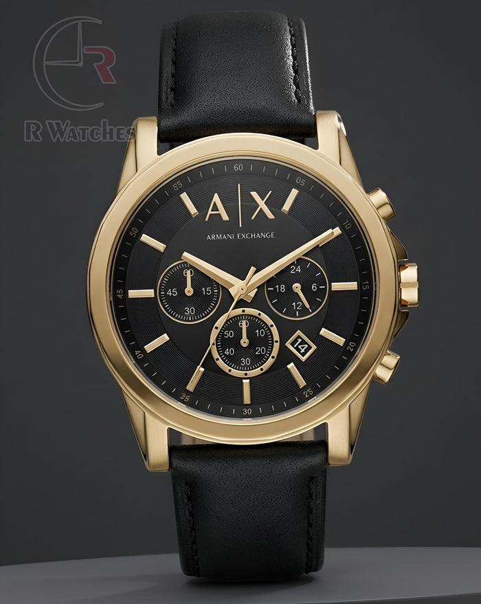 (SS) AX Leather Gold Black Dial
