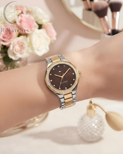 (OS) Tommy Hilfiger Girls Diamond Dual Tone Brown