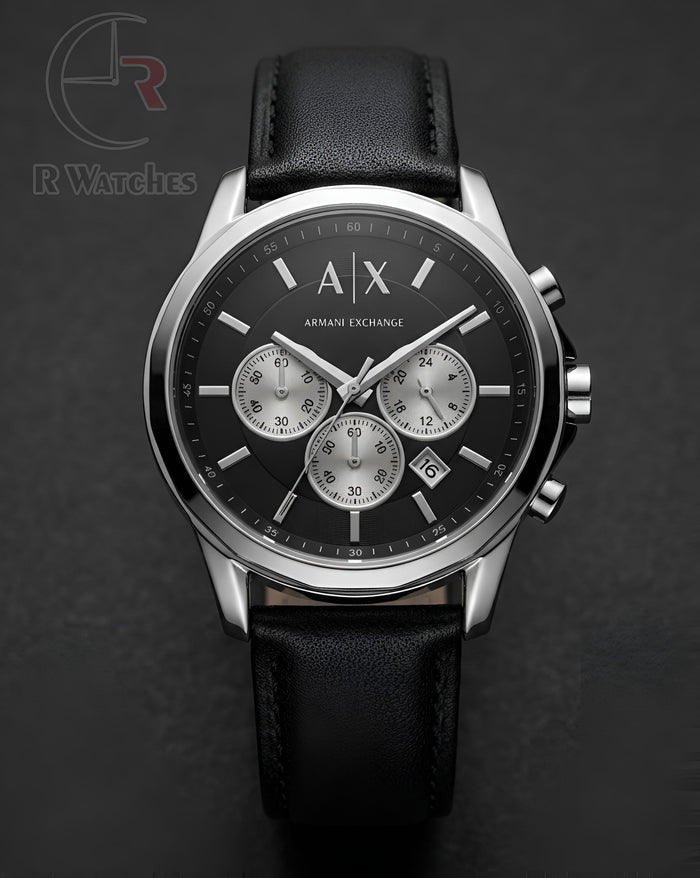 (OS)⭐ AX Leather Silver Black Dial