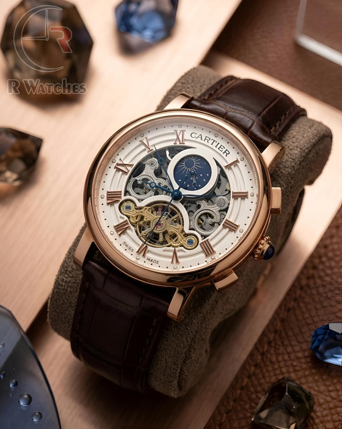 (OS2) Cartier Automatic Leather Rose Gold White Roman Dial