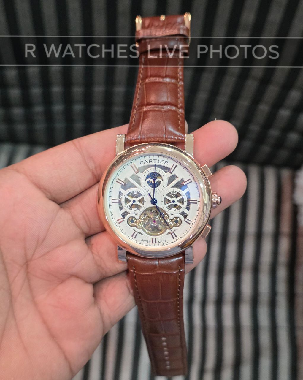 (OS2)⭐ Cartier Automatic Leather Rose Gold White