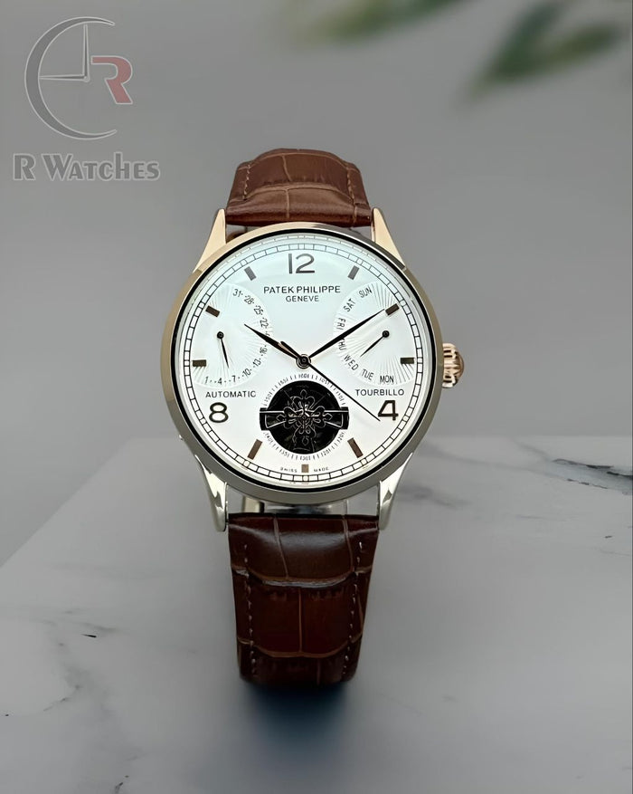 (SS) Patek Philippe master automatic leather Rose Gold White