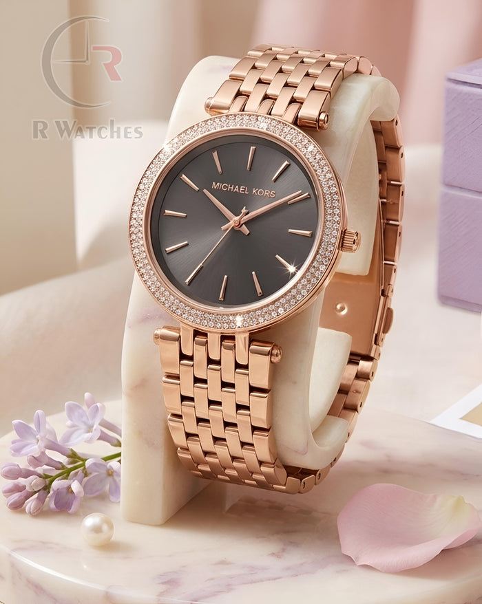 (SS) MK Girls Rose Gold Black Dial