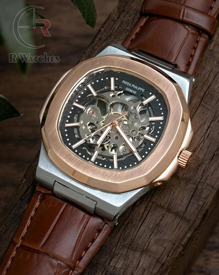 (OS) Patek Philippe Automatic Leather Dual Tone Black