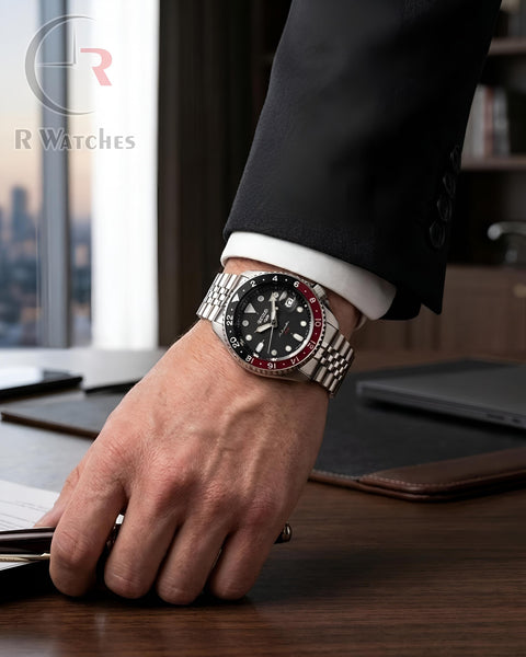 (OS2)📷⬆️ Seiko Silver Dark Red Black (SKP6)
