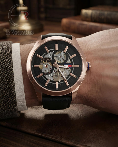 (OS)📷⬆️⭐🔁 Tommy Hilfiger Automatic leather Rose Gold Black (THAL5)