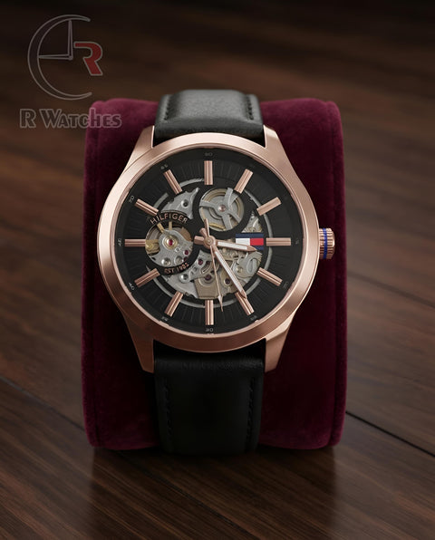 (OS)📷⬆️⭐🔁 Tommy Hilfiger Automatic leather Rose Gold Black (THAL5)