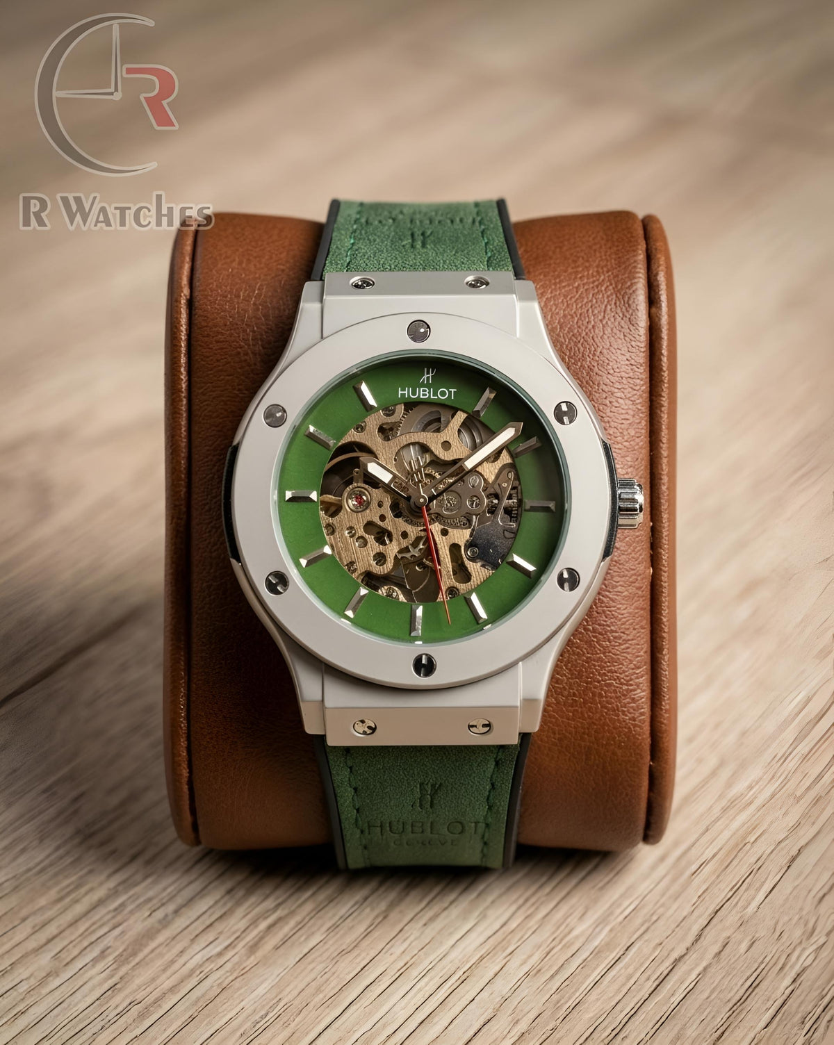 (SS) Hublot Automatic Leather Silver Green