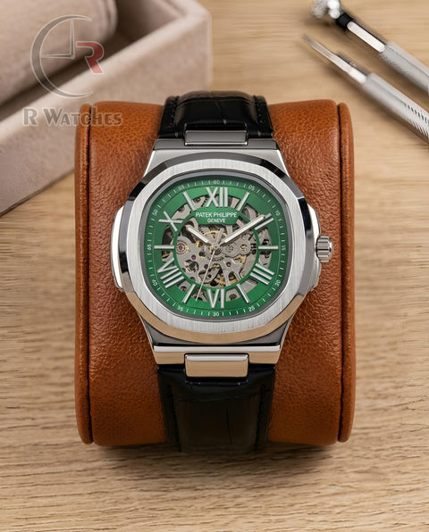 (OS) Patek Philippe Automatic Leather Silver Green Black