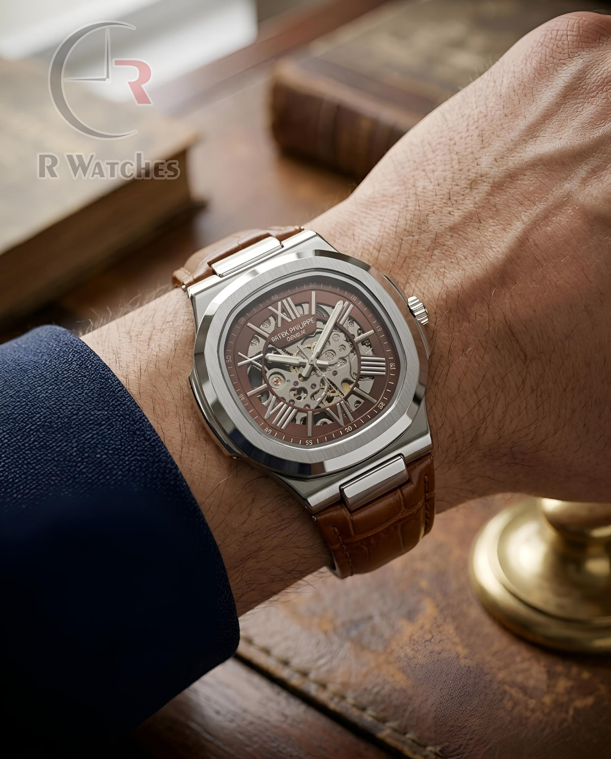(OS) Patek Philippe Automatic Leather Silver Brown