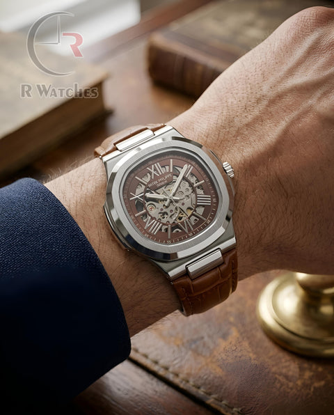 (OS) Patek Philippe Automatic Leather Silver Brown