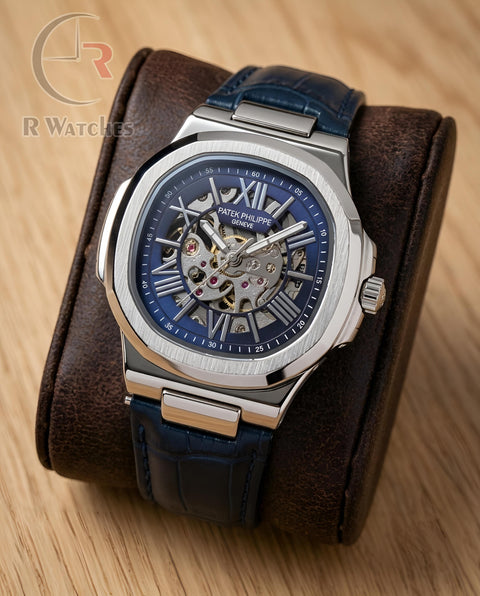 (OS) Patek Philippe Automatic Leather Silver Blue