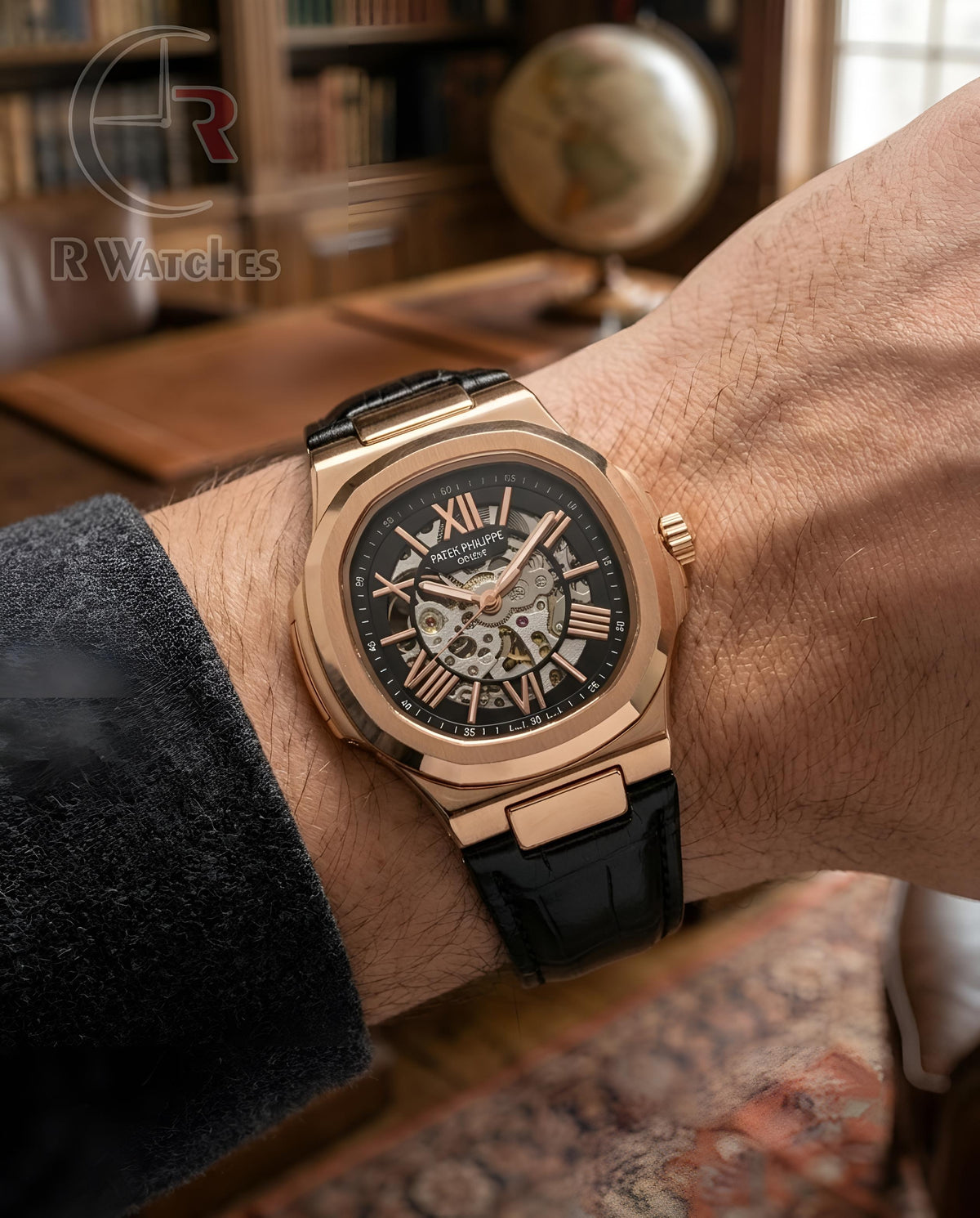 (OS) Patek Philippe Automatic Leather Rose Gold Black
