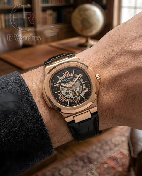 (OS) Patek Philippe Automatic Leather Rose Gold Black