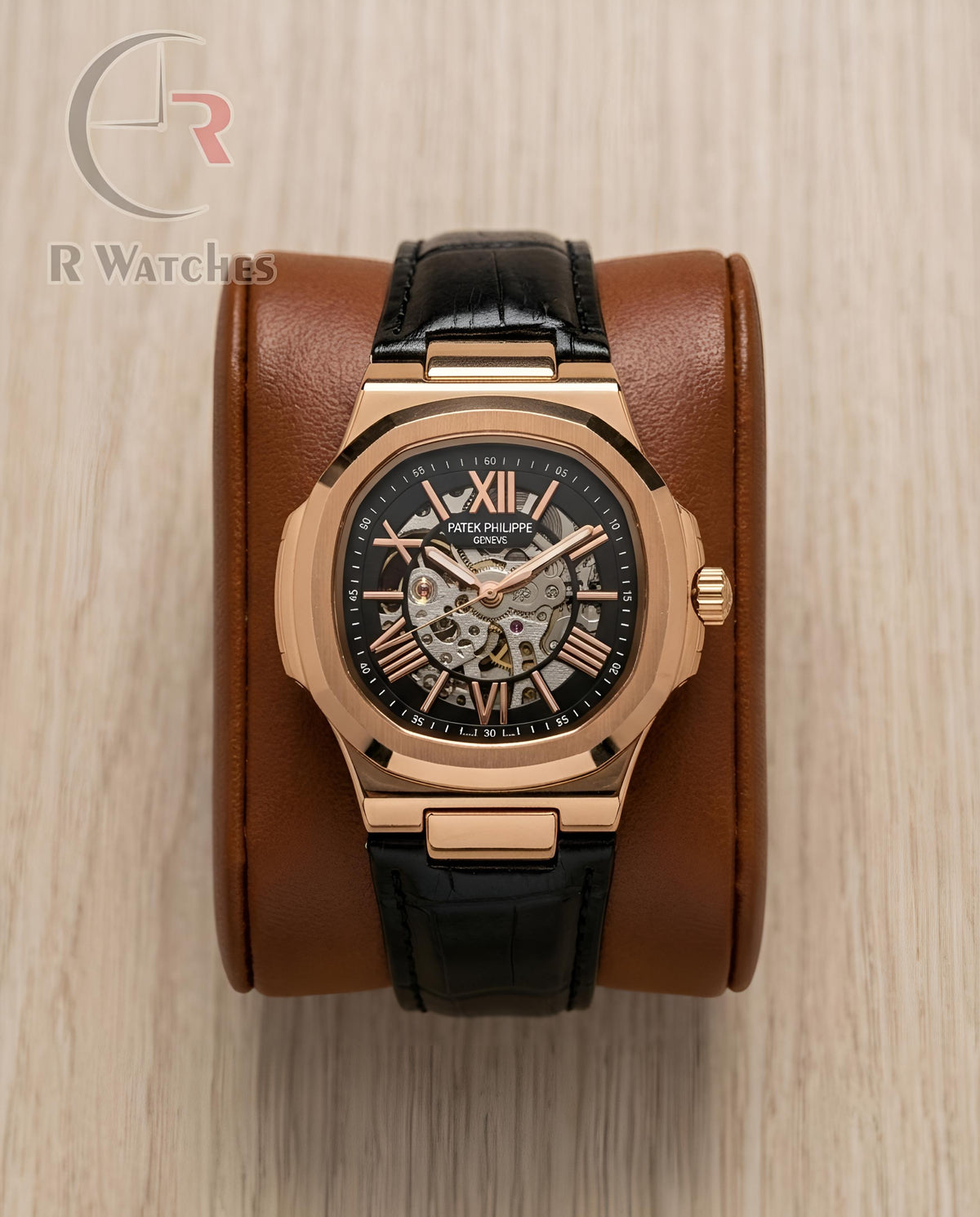 (OS) Patek Philippe Automatic Leather Rose Gold Black