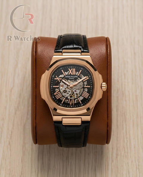 (OS) Patek Philippe Automatic Leather Rose Gold Black