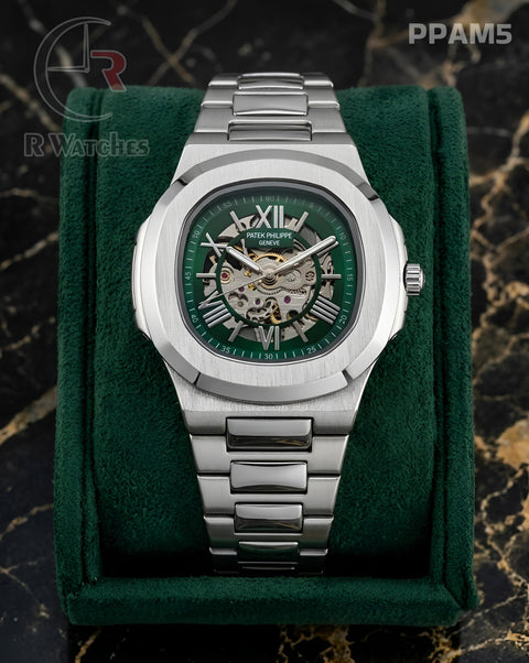 (OS)🖤⭐Patek Philippe Automatic Silver Green Roman Dial (PPAM5)