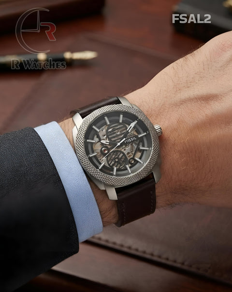 (SS)🖤⭐ Fossil Automatic Leather Silver Black Leather Brown (FSAL2)