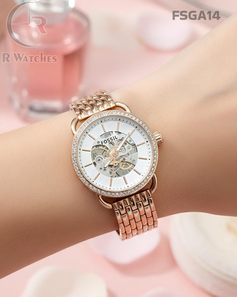 (SS)🖤⬆️⭐ Fossil girls automatic rose gold white (FSGA14)