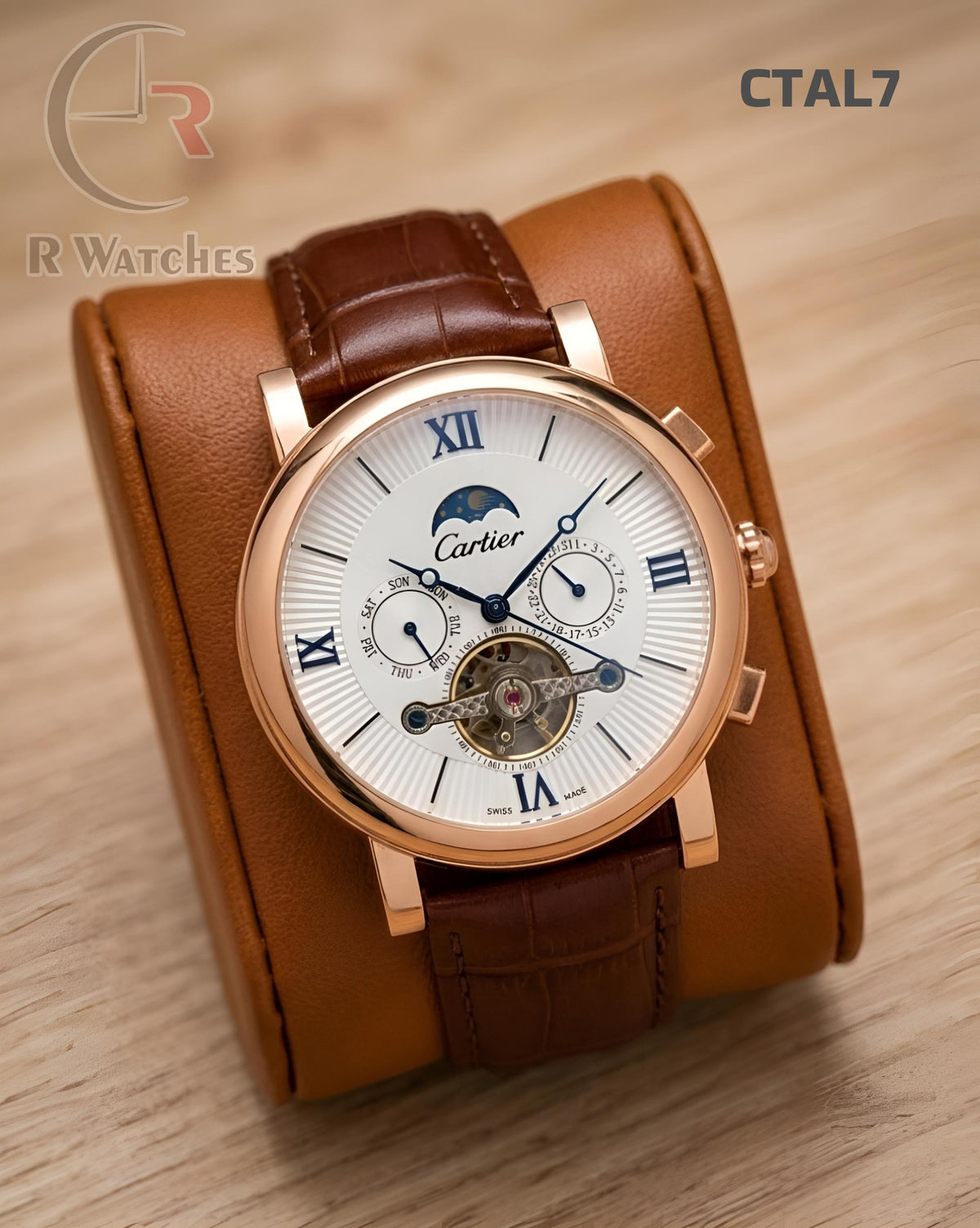 (OS2)🖤⭐ Cartier Automatic Leather Rose Gold White Roman Dial (CTAL7)