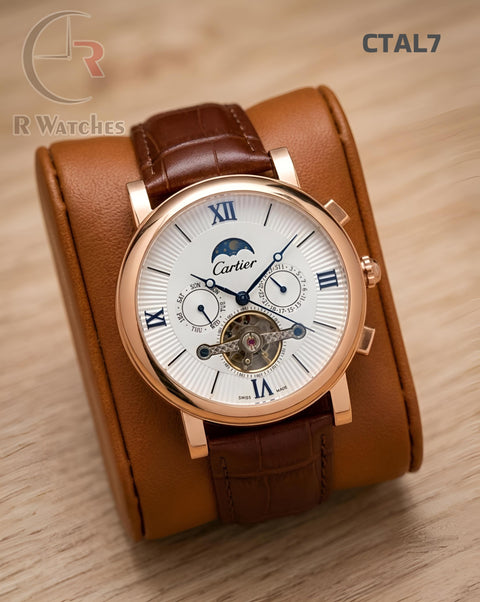 (OS2)🖤⭐ Cartier Automatic Leather Rose Gold White Roman Dial (CTAL7)
