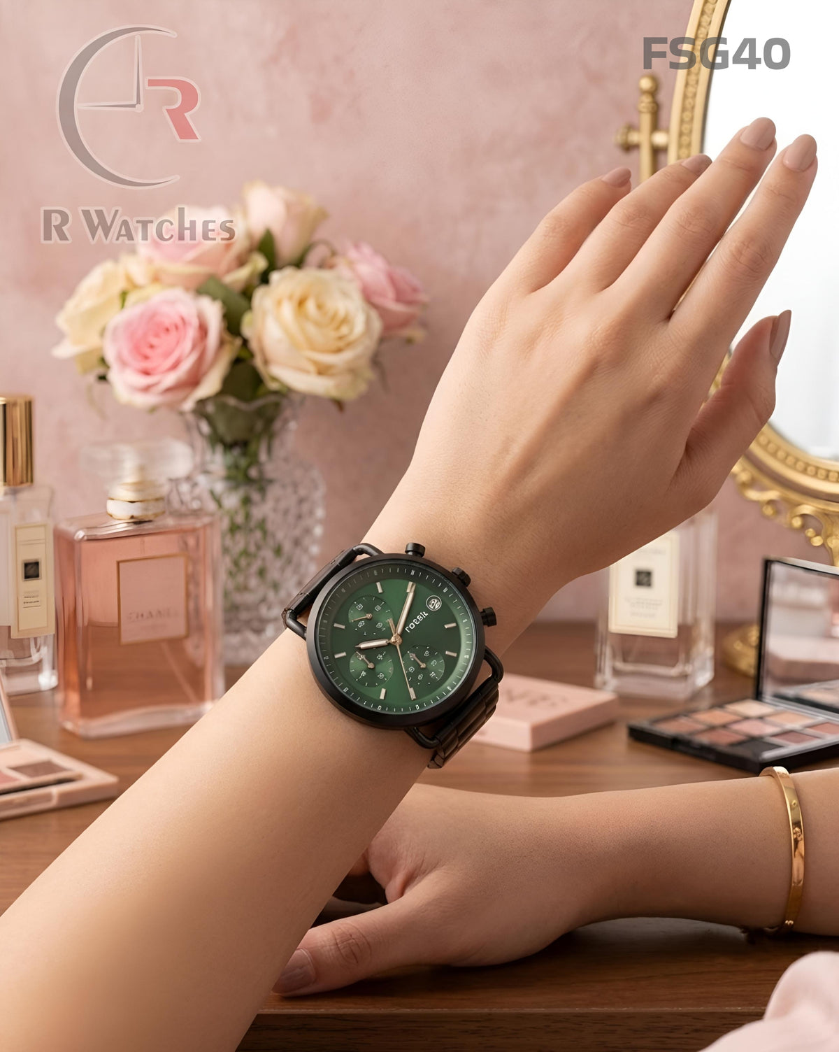 (OS)🖤⬆️🔁 Fossil Girls Black Green Dial (FSG40)