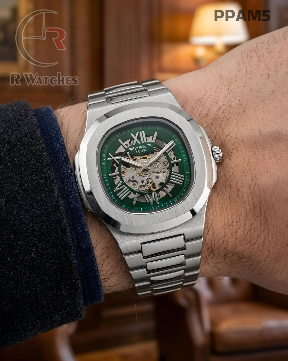 (OS)🖤⭐Patek Philippe Automatic Silver Green Roman Dial (PPAM5)