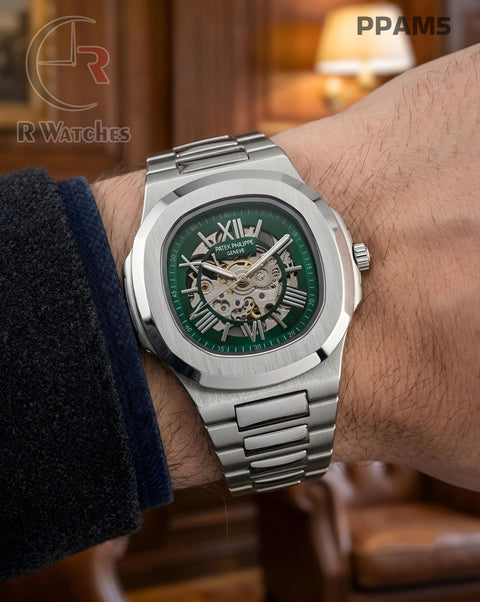 (OS)🖤⭐Patek Philippe Automatic Silver Green Roman Dial (PPAM5)