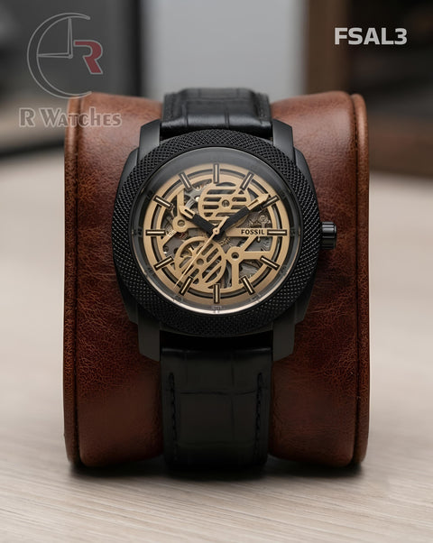 (OS)🖤⬆️⭐🔁 Fossil Leather Automatic Black Grey Black leather (FSAL3)
