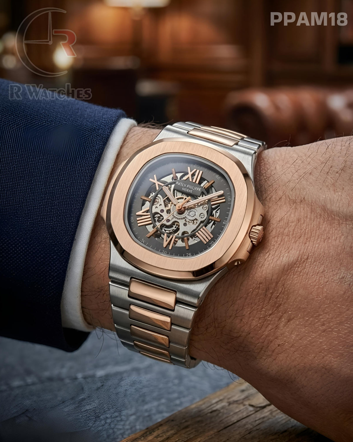 (OS)🖤⭐ Patek Philippe Automatic Rose Gold Black Roman Dial (PPAM18)