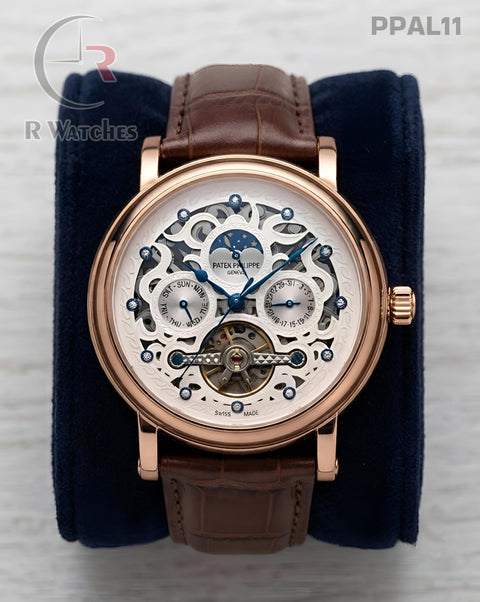(OS)🖤⭐ Patek Philippe Automatic Leather Rose Gold White Dial (PPAL11)