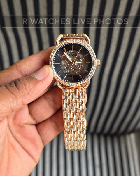 (SS)🖤⬆️⭐ Fossil Girls Automatic Diamond Rose Gold Black (FSGA5)