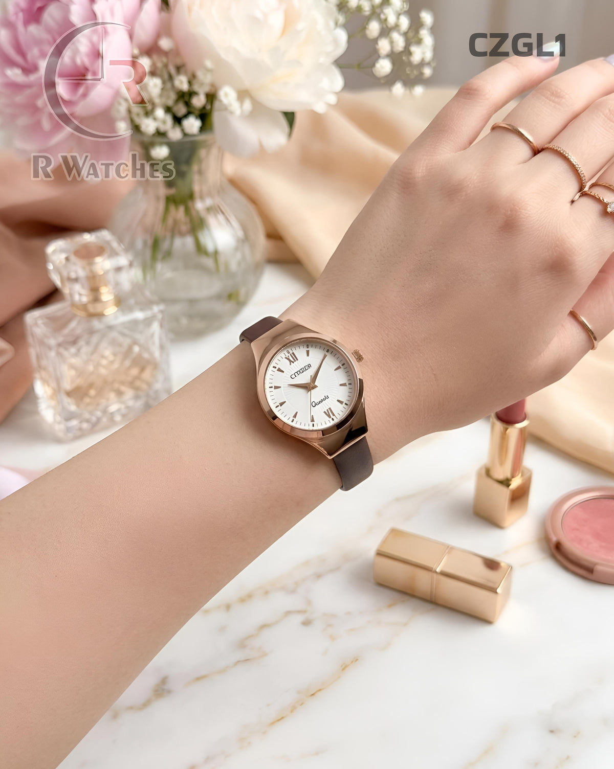 (OS)🖤 Citizen Girls Leather brown Rose Gold White (CZGL1)