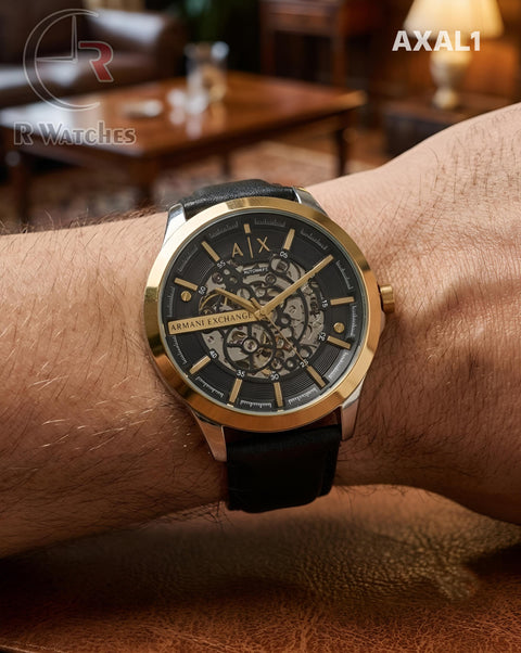 (SS)🖤 AX Automatic Leather Black Gold Dial (AXAL1)
