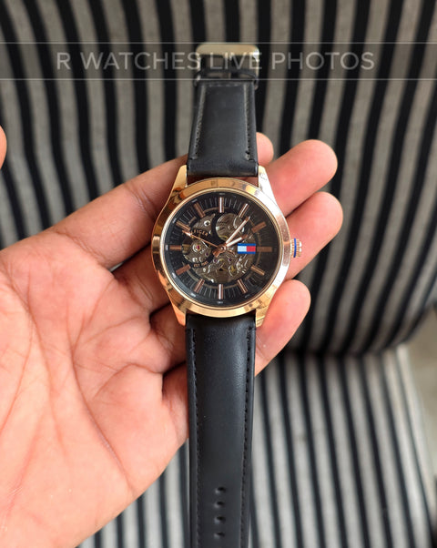 (OS)📷⬆️⭐🔁 Tommy Hilfiger Automatic leather Rose Gold Black (THAL5)
