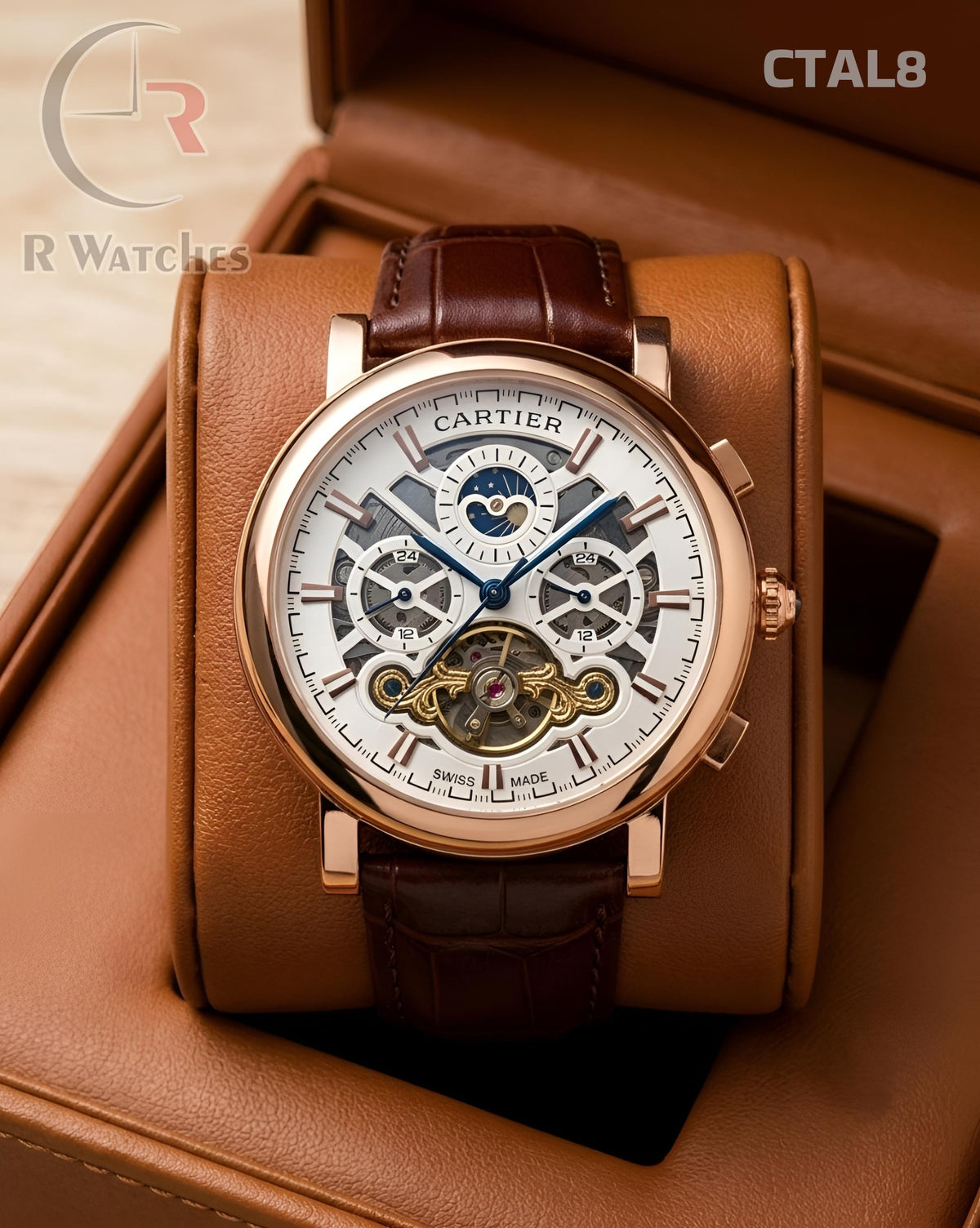 (OS2)🖤⭐ Cartier Automatic Leather Rose Gold White (CTAL8)