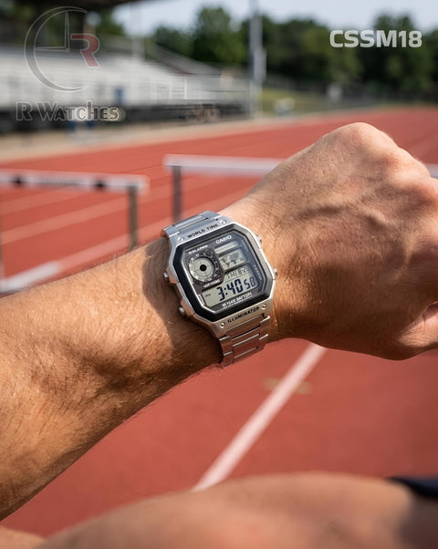 (OS3)🖤⬆️🔁⭐ Casio World Time Silver Black (CSSM18)