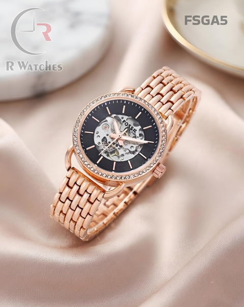 (SS)🖤⬆️⭐ Fossil Girls Automatic Diamond Rose Gold Black (FSGA5)