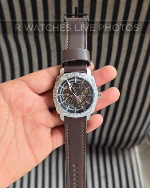(SS)🖤⭐ Fossil Automatic Leather Silver Black Leather Brown (FSAL2)