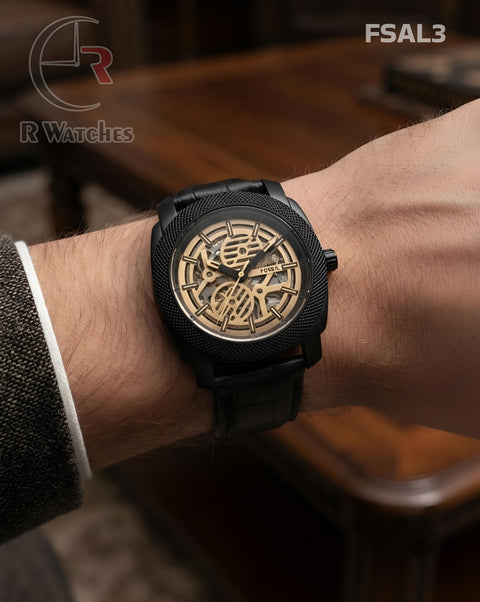 (OS)🖤⬆️⭐🔁 Fossil Leather Automatic Black Grey Black leather (FSAL3)
