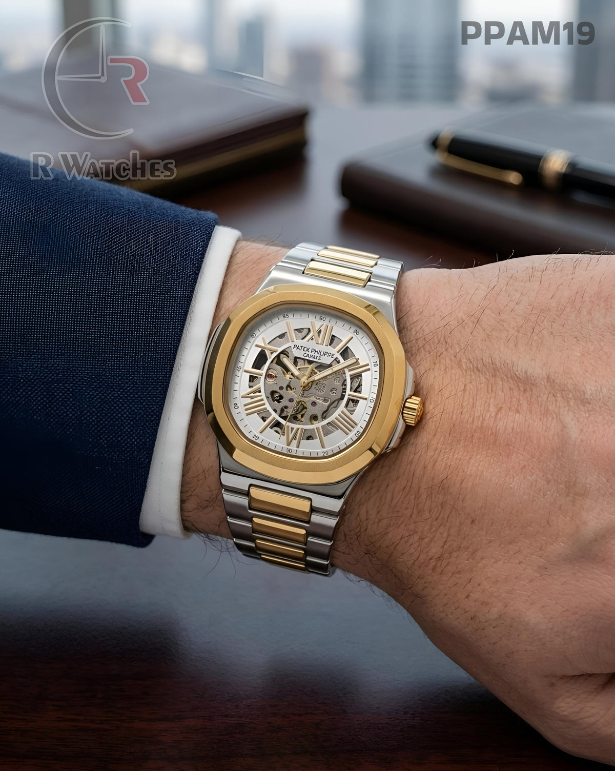 (OS2)🖤⭐ Patek Philippe Automatic Dual Tone White Roman Dial (PPAM19)