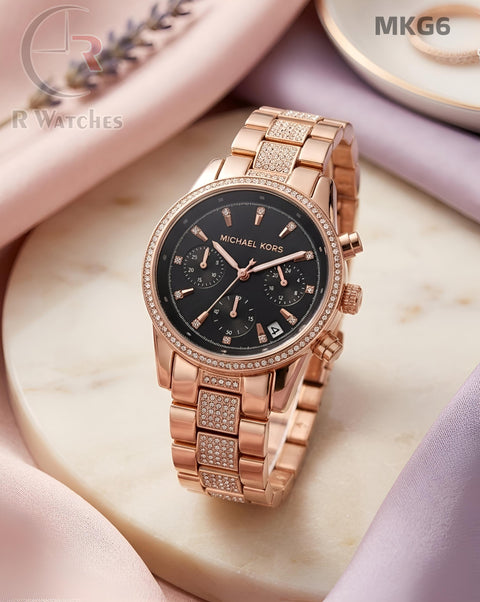(OS)🖤⭐ MK Girls Rose Gold Black Dial (MKG6)