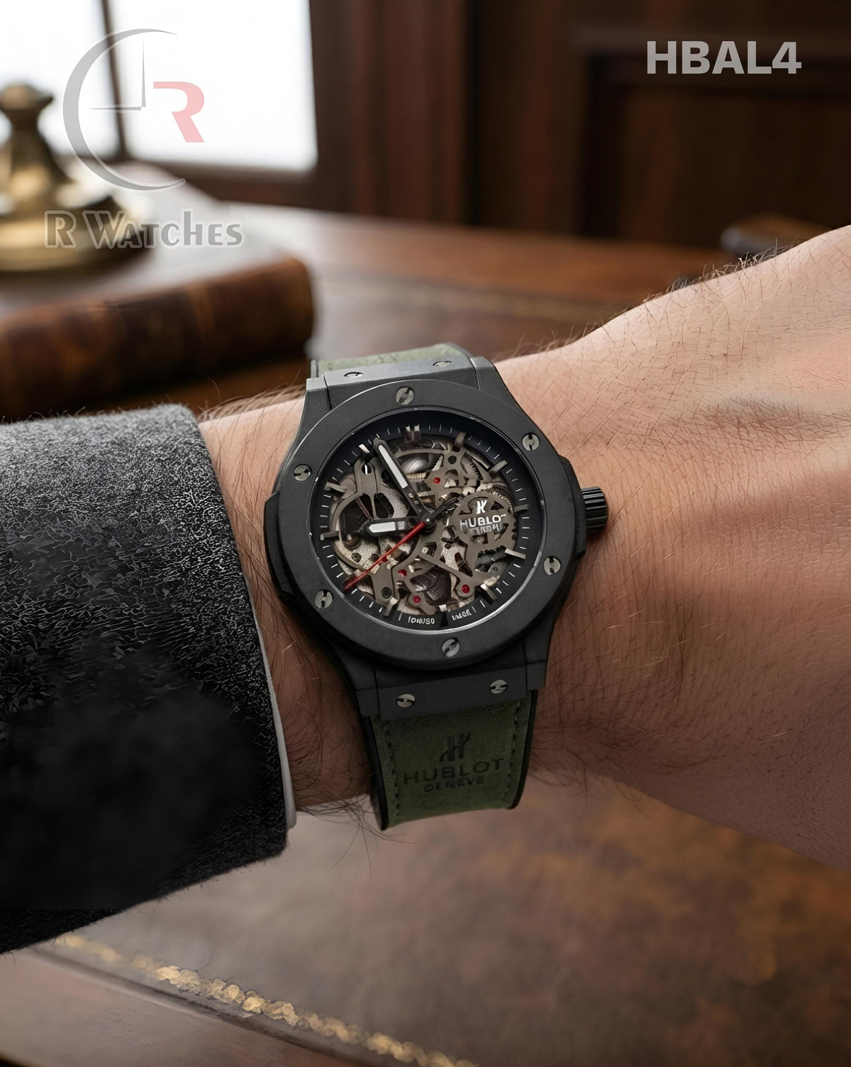 (OS)🖤⭐ Hublot Automatic Leather Green Black Silver (HBAL4)