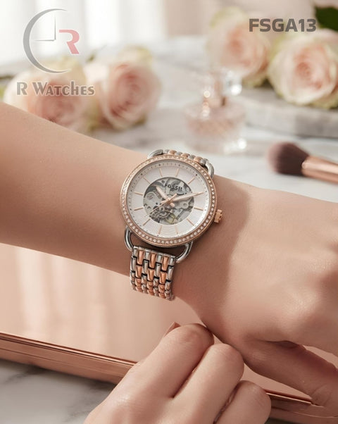(SS)🖤⬆️ Fossil Girls Automatic Diamond Rose Gold White (FSGA13)