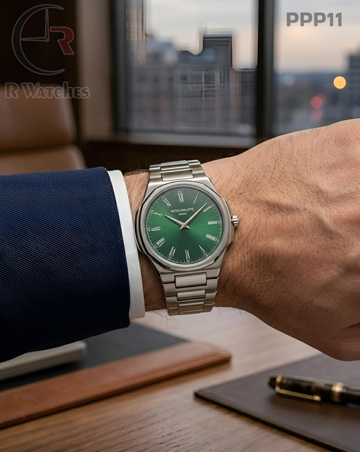 (OS2)🖤⭐ Patek Philippe Silver Green Roman Dial (PPP11)