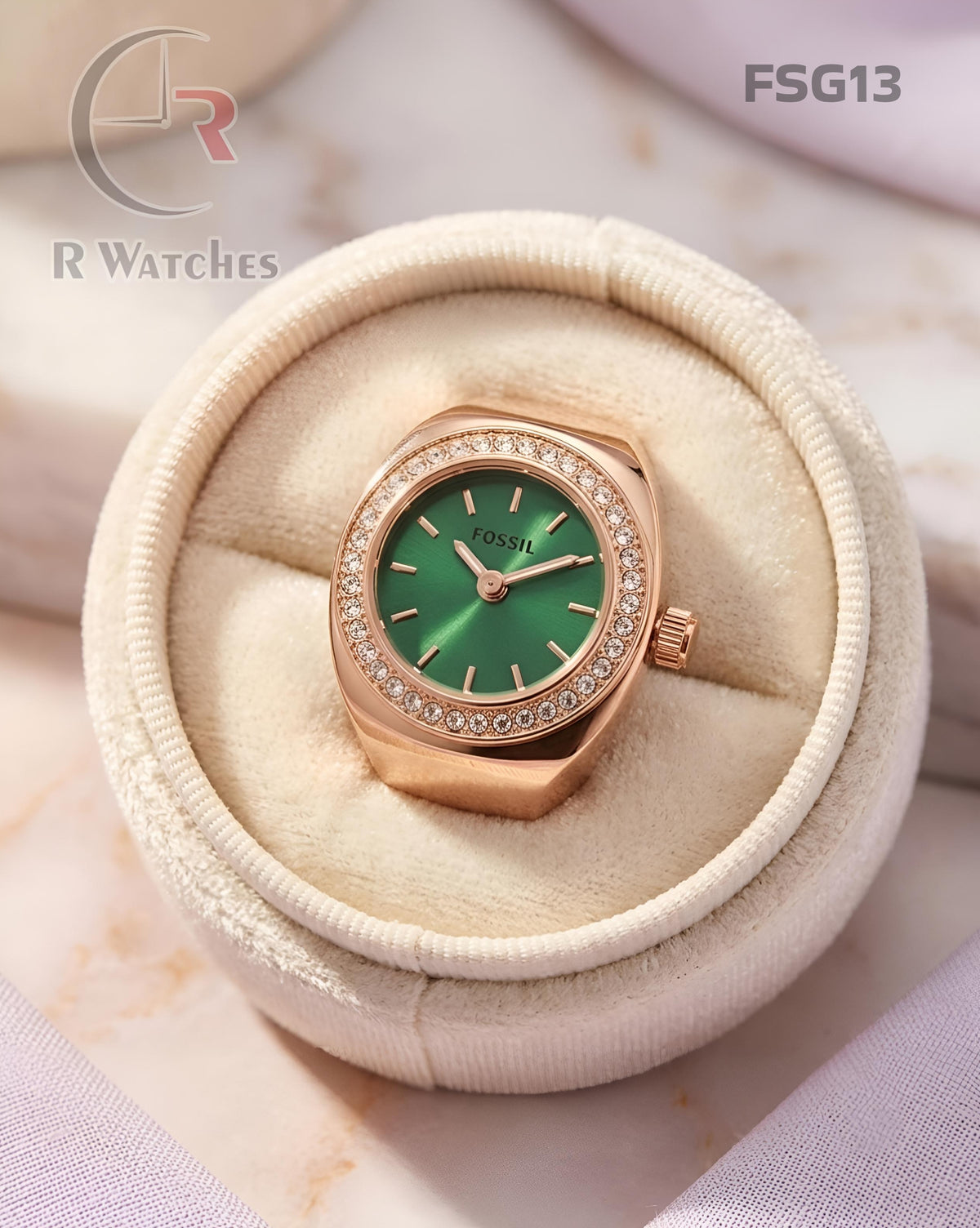(OS)🖤⬆️ Fossil Girls Ring Diamond Rose Gold Green (FSG13)