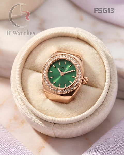 (OS)🖤⬆️ Fossil Girls Ring Diamond Rose Gold Green (FSG13)