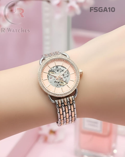 (SS)🖤⬆️⭐ Fossil girls automatic dual tone Pink (FSGA10)